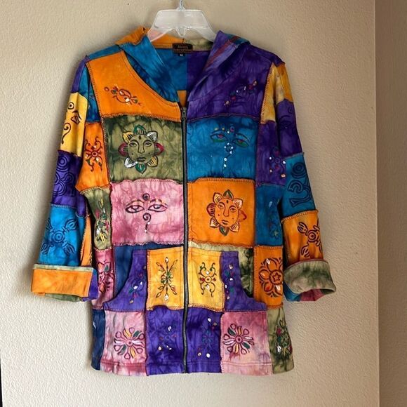 Rising International Patchwork Hoodie Jacket XL Multi Color Boho - Picture 1 of 13